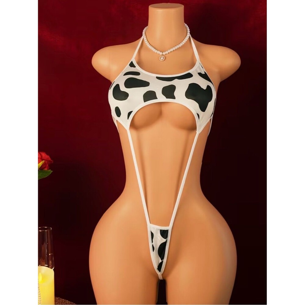 Cow Print Cutout Micro Teddy Chemise in White & Black
